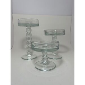 Set of 3 Clear Bubble Stem Glass Pillar Candle Holders Tiered Pedestal Stands